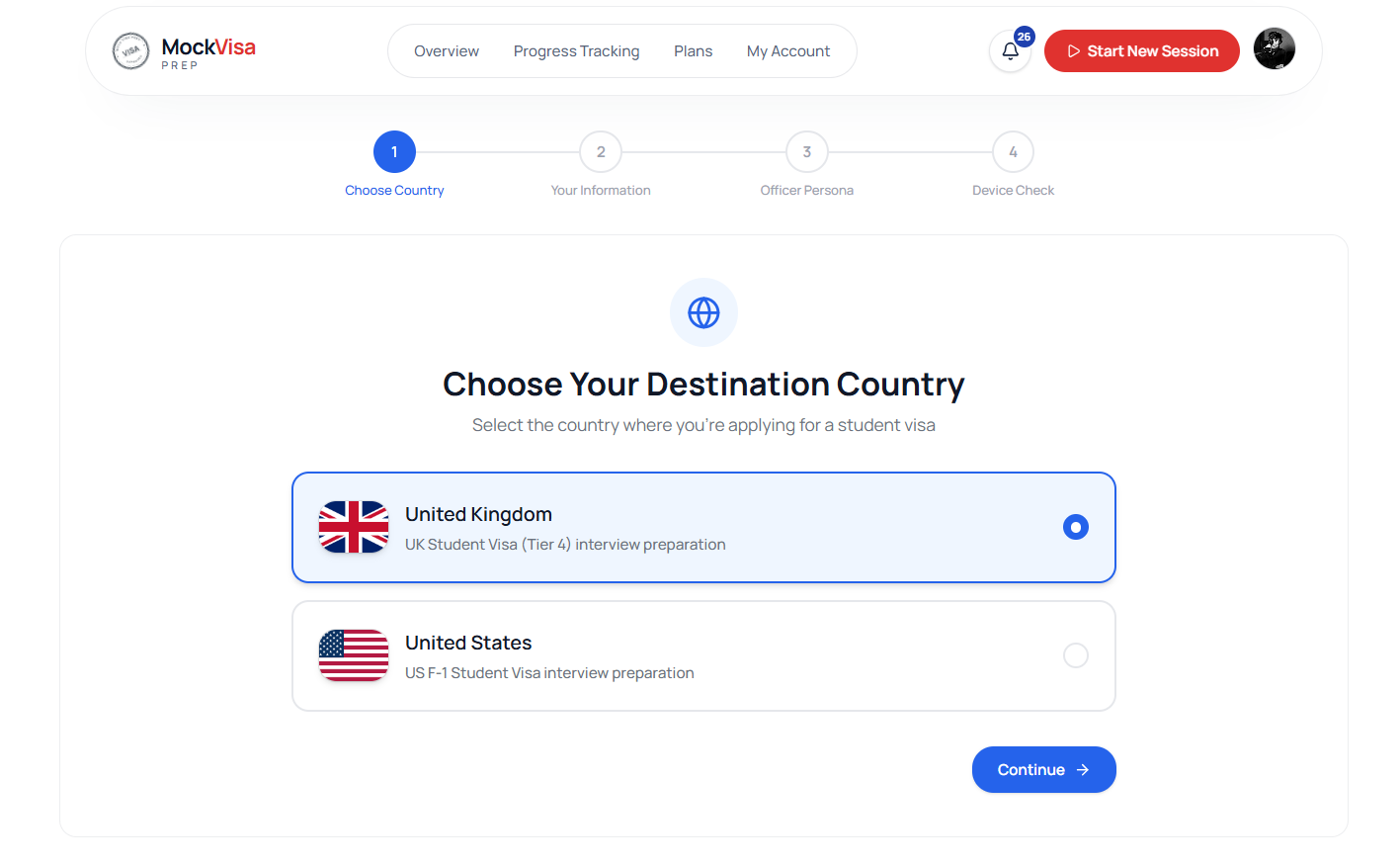 MockVisaPrep choose country and visa track screen