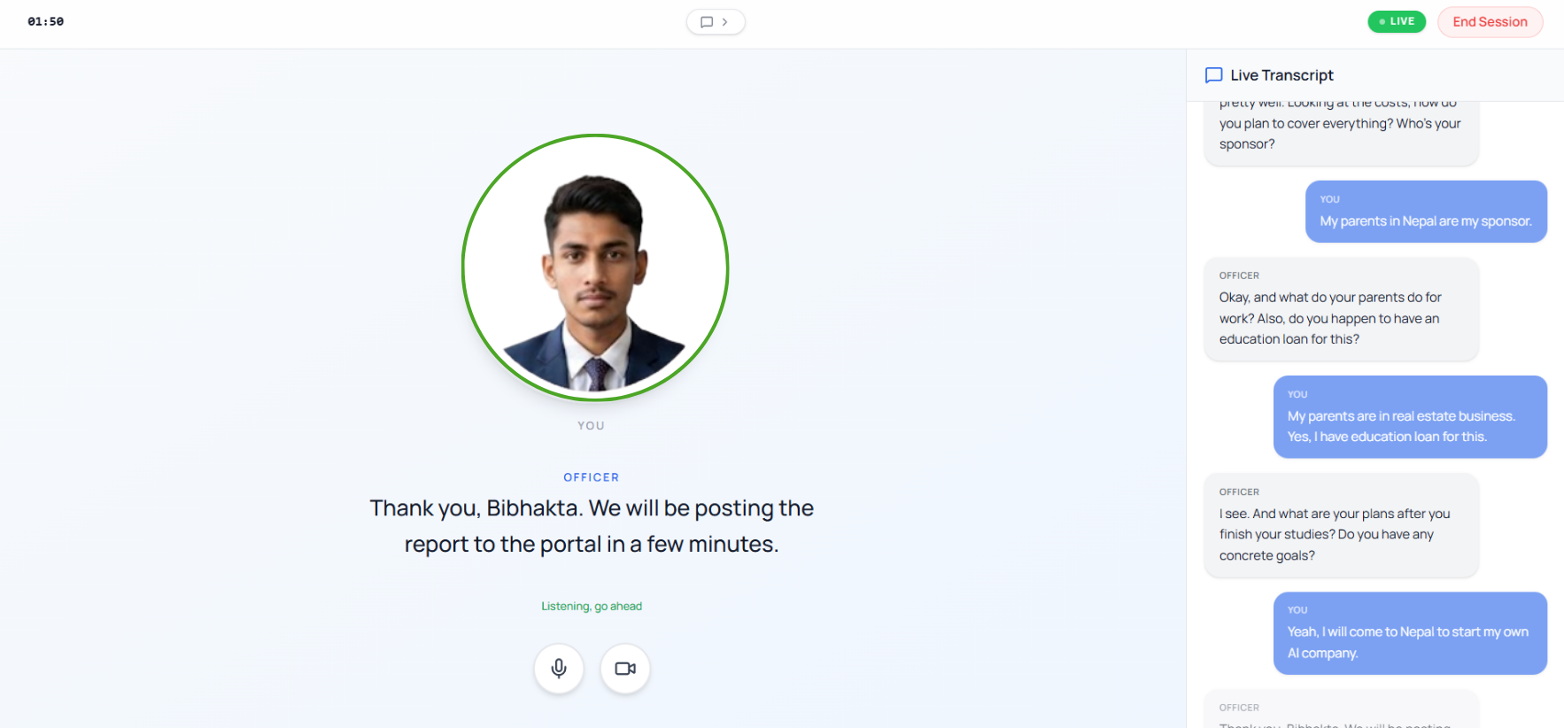 MockVisaPrep live AI officer interview screen